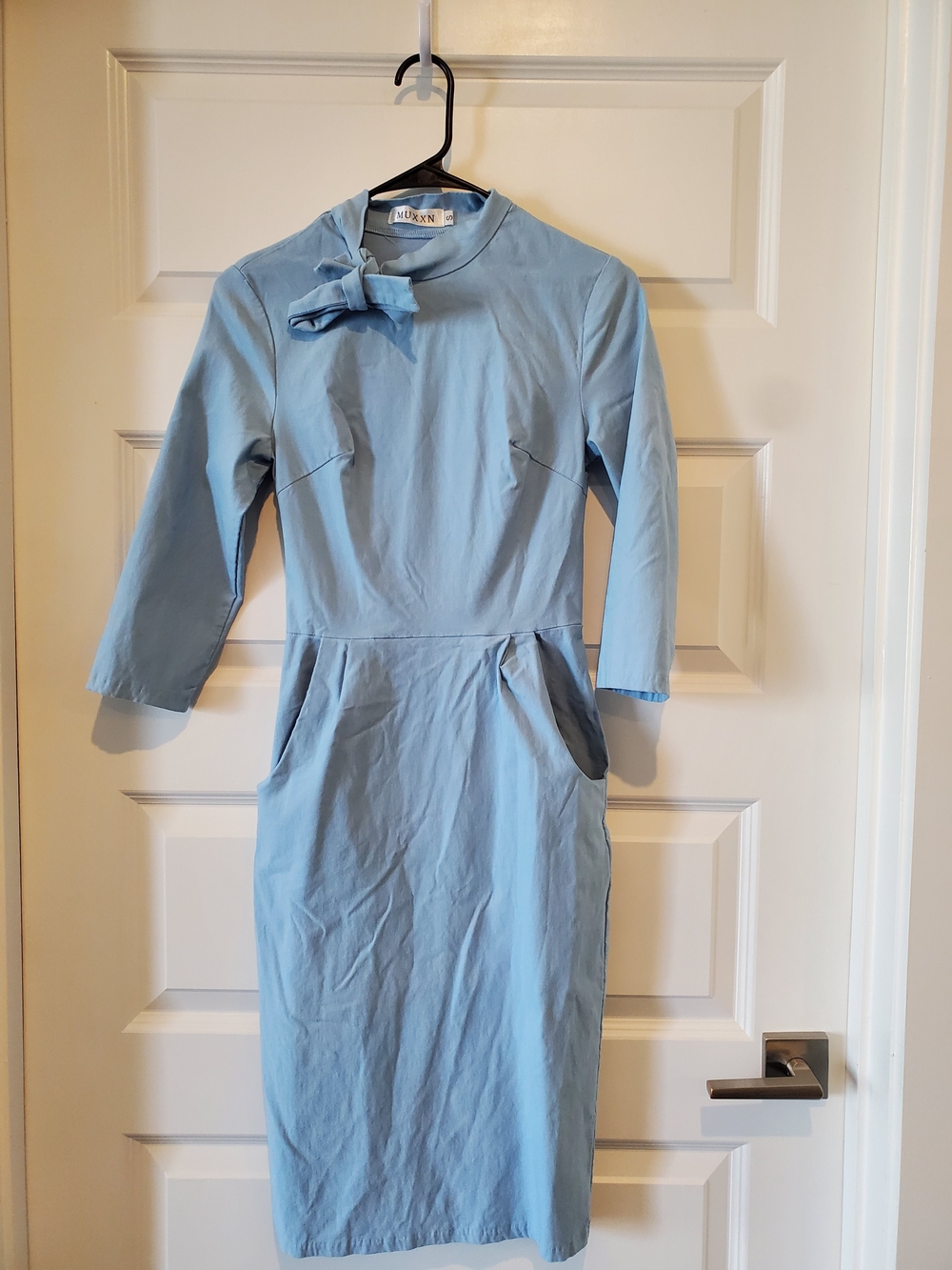 Kinross Light Blue Bow-Neck Long Sleeve Sheath Dress